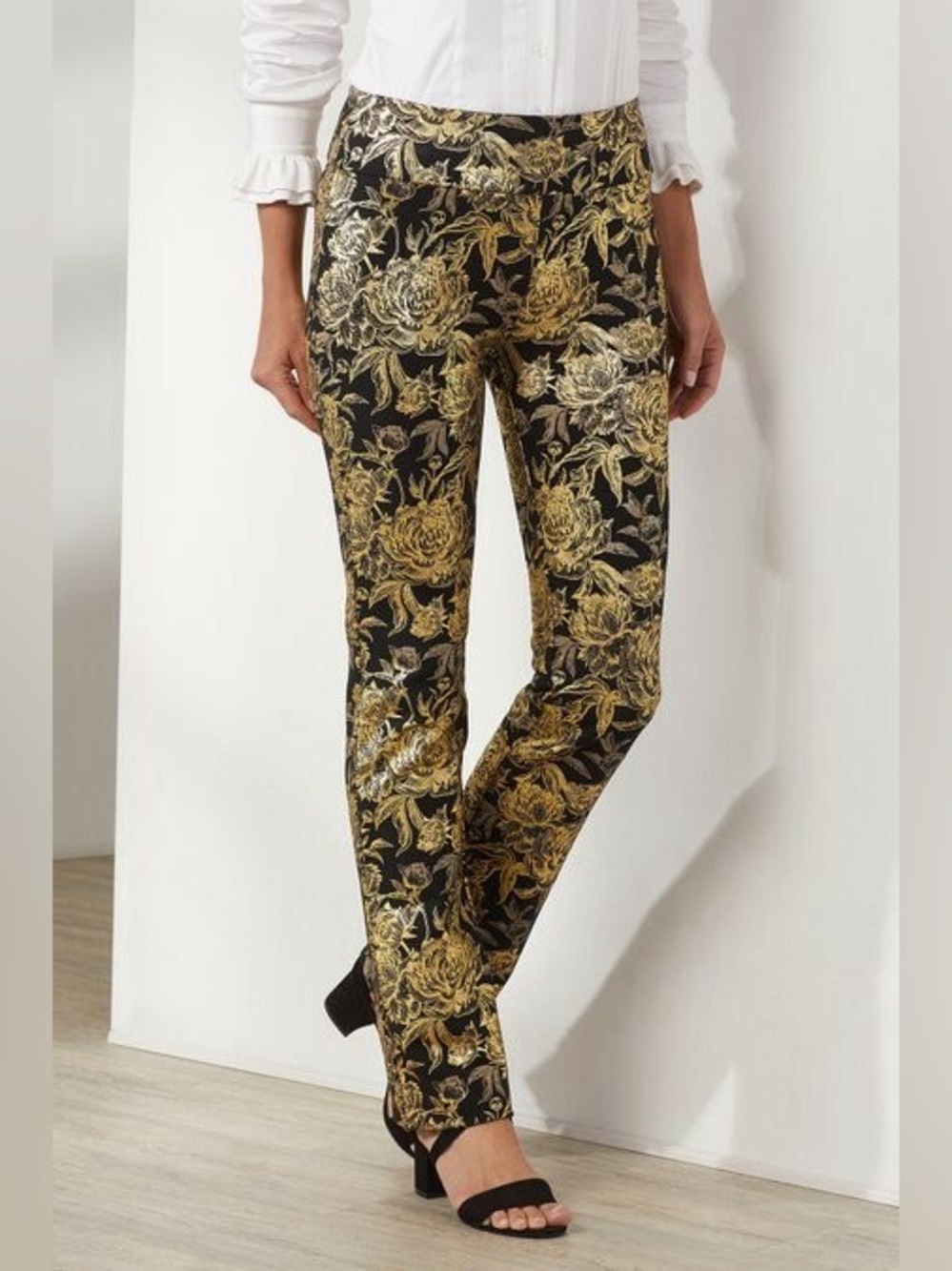 Soft Surroundings Moonstruck Metallic Gold Floral Damask Slim Pants Sz M NWT